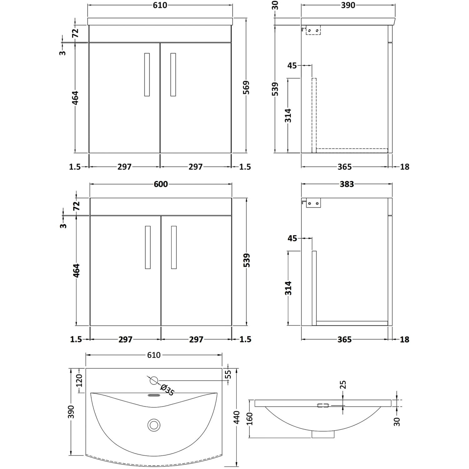 Nuie Athena Wall Hung 2-Door Vanity Unit With Basin-4 600mm Wide - Anthracite Woodgrain 9 Nuie Athena Wall Hung 2-Door Vanity Unit With Basin-4 600mm Wide - Anthracite Woodgrain - Image 7
