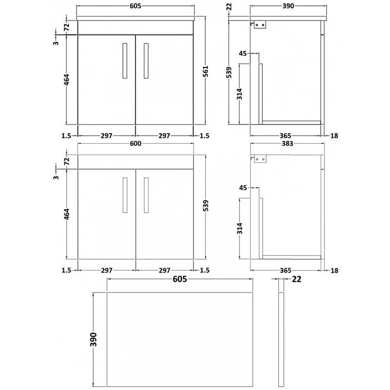 Nuie Athena Wall Hung 2-Door Vanity Unit With Grey Worktop 600mm Wide - Charcoal Black Woodgrain 12 Nuie Athena Wall Hung 2-Door Vanity Unit With Grey Worktop 600mm Wide - Charcoal Black Woodgrain - Image 10