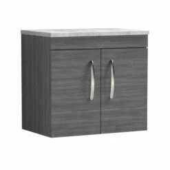 Nuie Athena Wall Hung 2-Door Vanity Unit With Grey Worktop 600mm Wide - Anthracite Woodgrain -HEATANDPLUMB Sales nuie athena vanity unit ath093lbg 7