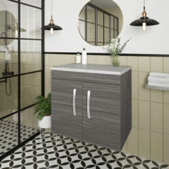 Nuie Athena Wall Hung 2-Door Vanity Unit With Grey Worktop 600mm Wide - Anthracite Woodgrain -HEATANDPLUMB Sales nuie athena vanity unit ath093lbg 9