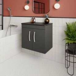 Nuie Athena Wall Hung 2-Door Vanity Unit With Sparkling Black Worktop 600mm Wide - Gloss Grey -HEATANDPLUMB Sales nuie athena vanity unit ath094lsb 2