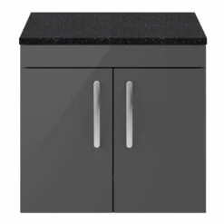 Nuie Athena Wall Hung 2-Door Vanity Unit With Sparkling Black Worktop 600mm Wide - Gloss Grey -HEATANDPLUMB Sales nuie athena vanity unit ath094lsb