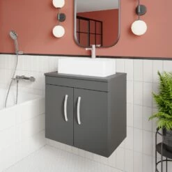 Nuie Athena Wall Hung 2-Door Vanity Unit With Sparkling Black Worktop 600mm Wide - Gloss Grey -HEATANDPLUMB Sales nuie athena vanity unit ath094w 3