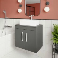 Nuie Athena Wall Hung 2-Door Vanity Unit With Sparkling White Worktop 600mm Wide - Charcoal Black Woodgrain 18 Nuie Athena Wall Hung 2-Door Vanity Unit With Sparkling White Worktop 600mm Wide - Charcoal Black Woodgrain -HEATANDPLUMB Sales nuie athena vanity unit ath094w 3 5