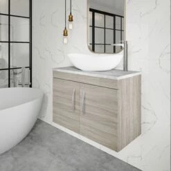 Nuie Athena Wall Hung 2-Door Vanity Unit And Worktop 800mm Wide - Anthracite Woodgrain -HEATANDPLUMB Sales nuie athena vanity unit ath096lbg 5