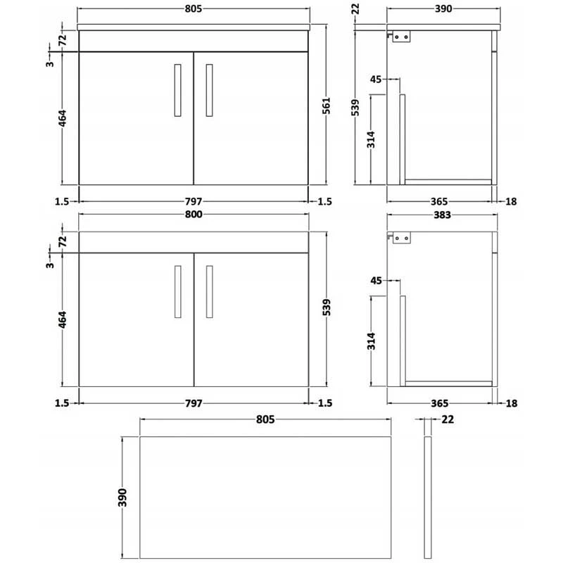 Nuie Athena Wall Hung 2-Door Vanity Unit With Grey Worktop 800mm Wide - Gloss White 6 Nuie Athena Wall Hung 2-Door Vanity Unit With Grey Worktop 800mm Wide - Gloss White - Image 4