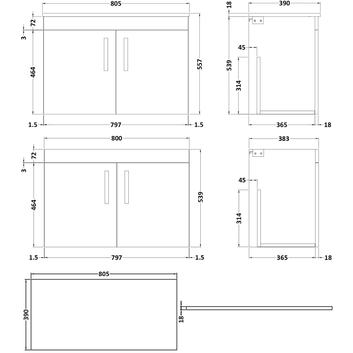 Nuie Athena Wall Hung 2-Door Vanity Unit And Worktop 800mm Wide - Gloss White 5 Nuie Athena Wall Hung 2-Door Vanity Unit And Worktop 800mm Wide - Gloss White - Image 3