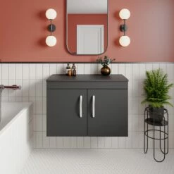Nuie Athena Wall Hung 2-Door Vanity Unit And Worktop 800mm Wide - Gloss Grey -HEATANDPLUMB Sales nuie athena vanity unit ath101w 2