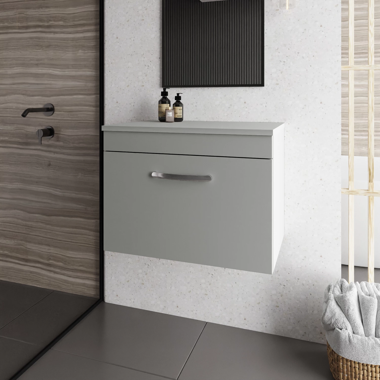 Nuie Athena Wall Hung 1-Drawer Vanity Unit And Worktop 600mm Wide - Gloss Grey Mist 8 Nuie Athena Wall Hung 1-Drawer Vanity Unit And Worktop 600mm Wide - Gloss Grey Mist - Image 6