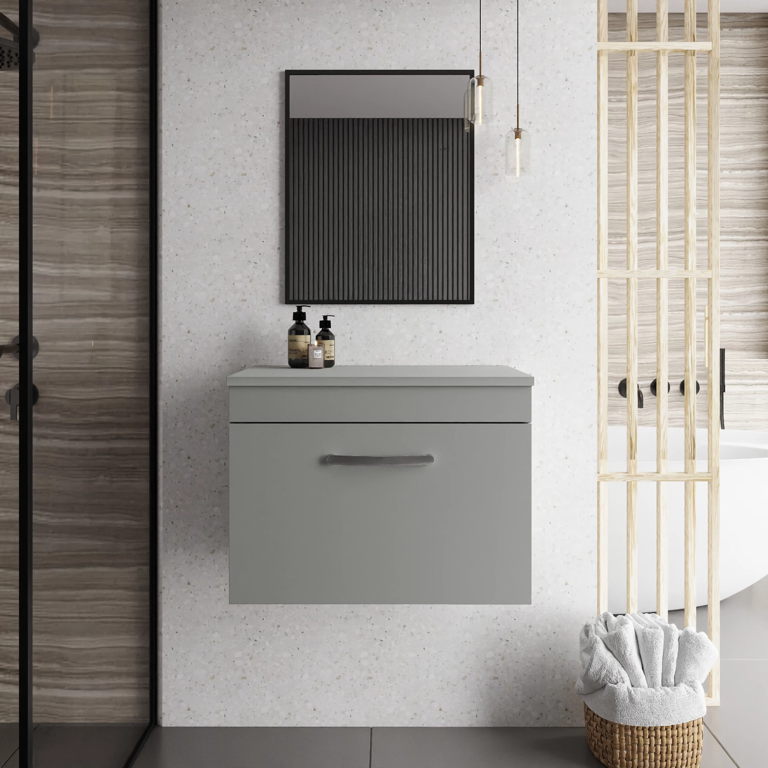 Nuie Athena Wall Hung 1-Drawer Vanity Unit And Worktop 600mm Wide - Gloss Grey Mist 6 Nuie Athena Wall Hung 1-Drawer Vanity Unit And Worktop 600mm Wide - Gloss Grey Mist - Image 4