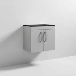 Nuie Athena Wall Hung 2-Door Vanity Unit With Sparkling Black Worktop 600mm Wide - Gloss Grey Mist -HEATANDPLUMB Sales nuie athena vanity unit ath111lsb 1