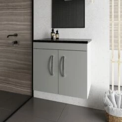 Nuie Athena Wall Hung 2-Door Vanity Unit With Sparkling Black Worktop 600mm Wide - Gloss Grey Mist