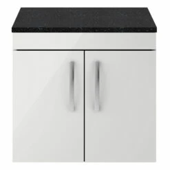 Nuie Athena Wall Hung 2-Door Vanity Unit With Sparkling Black Worktop 600mm Wide - Gloss Grey Mist -HEATANDPLUMB Sales nuie athena vanity unit ath111lsb