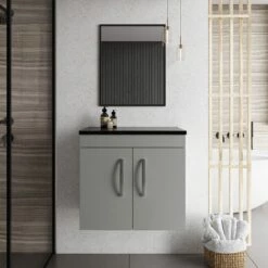 Nuie Athena Wall Hung 2-Door Vanity Unit With Sparkling Black Worktop 600mm Wide - Gloss Grey Mist -HEATANDPLUMB Sales nuie athena vanity unit ath111lsb 3