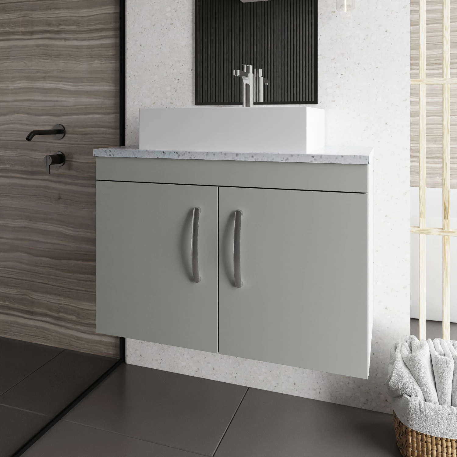 Nuie Athena Wall Hung 2-Door Vanity Unit With Grey Worktop 800mm Wide - Gloss White 5 Nuie Athena Wall Hung 2-Door Vanity Unit With Grey Worktop 800mm Wide - Gloss White - Image 3