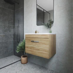 Nuie Athena Wall Hung 1-Drawer Vanity Unit With Sparkling White Worktop 600mm Wide - Natural Oak -HEATANDPLUMB Sales nuie athena vanity unit pmathwh1drvuw60 7