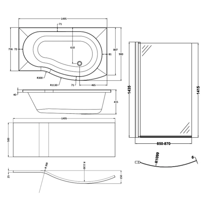 Nuie B-Shaped Shower Bath With Front Panel And Screen 1500mm X 735mm/800mm Right Handed - Acrylic 7 Nuie B-Shaped Shower Bath With Front Panel And Screen 1500mm X 735mm/800mm Right Handed - Acrylic - Image 5