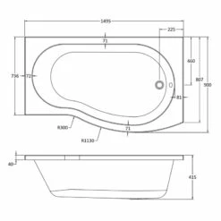 Nuie B-Shaped Shower Bath 1500mm X 735mm/900mm - Right Handed