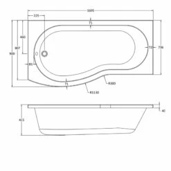 Nuie B-Shaped Shower Bath 1700mm X 735mm/900mm - Left Handed