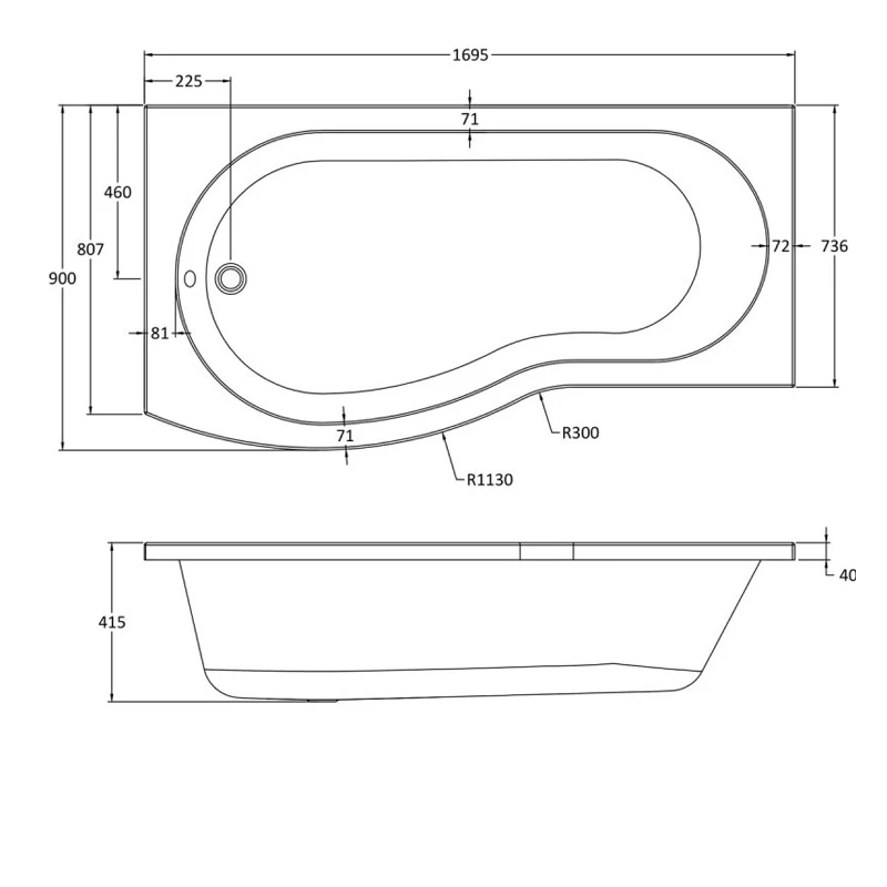 Nuie B-Shaped Shower Bath 1700mm X 735mm/900mm - Left Handed 3 Nuie B-Shaped Shower Bath 1700mm X 735mm/900mm - Left Handed