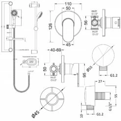 Nuie Binsey Round Manual Concealed Shower Valve With Slider Rail Kit - Chrome