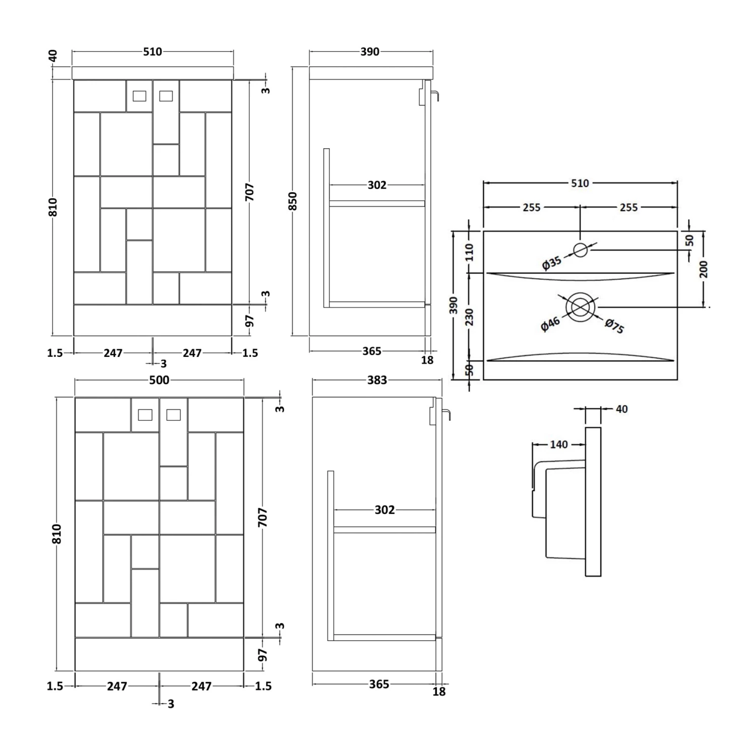 Nuie Blocks Floor Standing 2-Door Vanity Unit With Basin-1 500mm Wide - Satin Blue 4 Nuie Blocks Floor Standing 2-Door Vanity Unit With Basin-1 500mm Wide - Satin Blue - Image 2