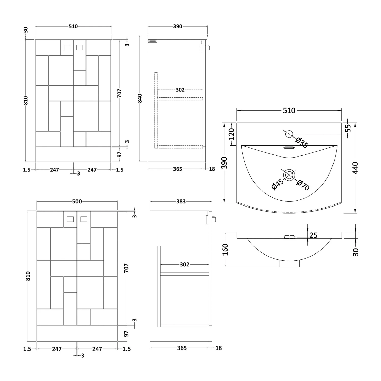 Nuie Blocks Floor Standing 2-Door Vanity Unit With Basin-4 500mm Wide - Satin White 5 Nuie Blocks Floor Standing 2-Door Vanity Unit With Basin-4 500mm Wide - Satin White - Image 3