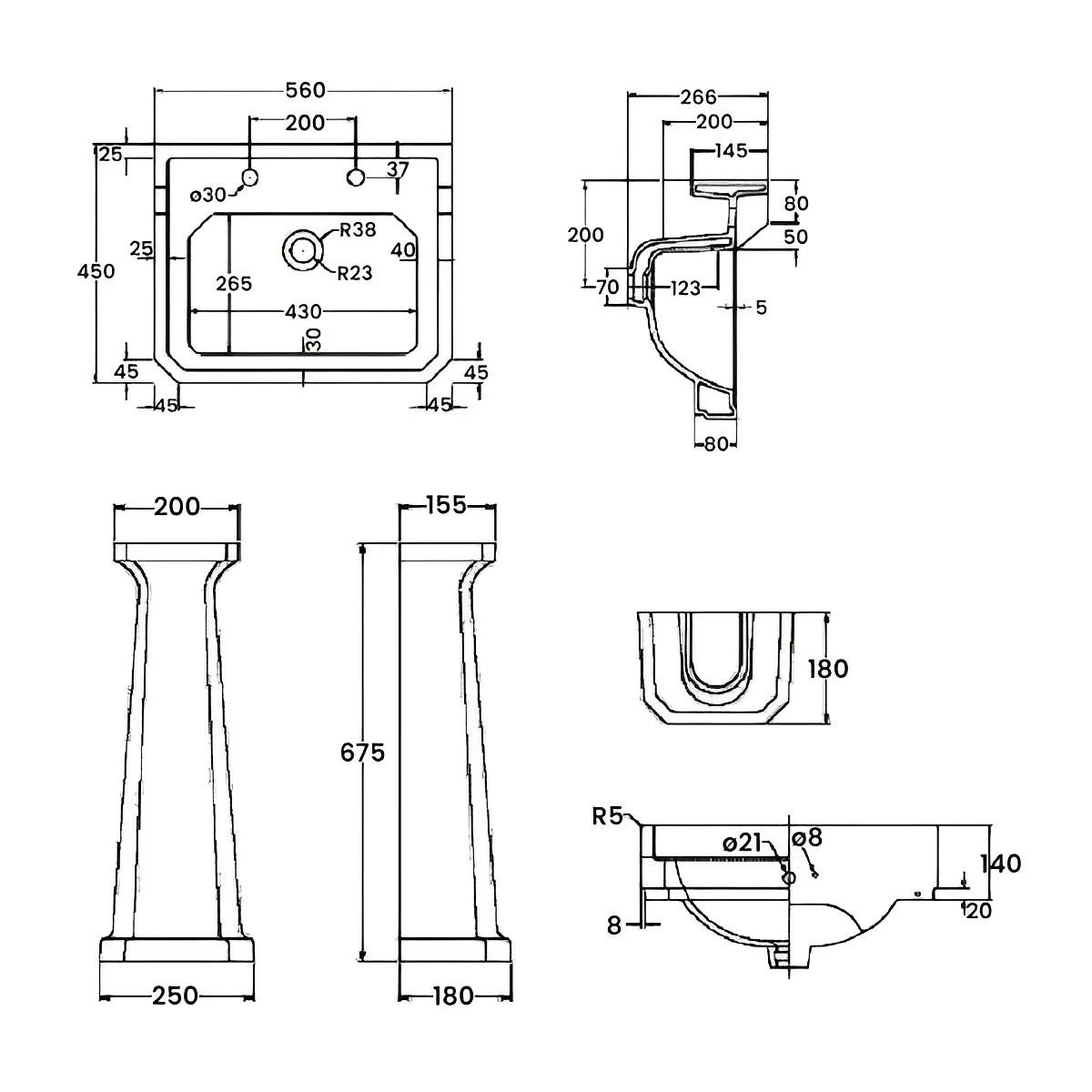 Nuie Carlton Basin And Full Pedestal 560mm Wide - 2 Tap Hole 5 Nuie Carlton Basin And Full Pedestal 560mm Wide - 2 Tap Hole - Image 3