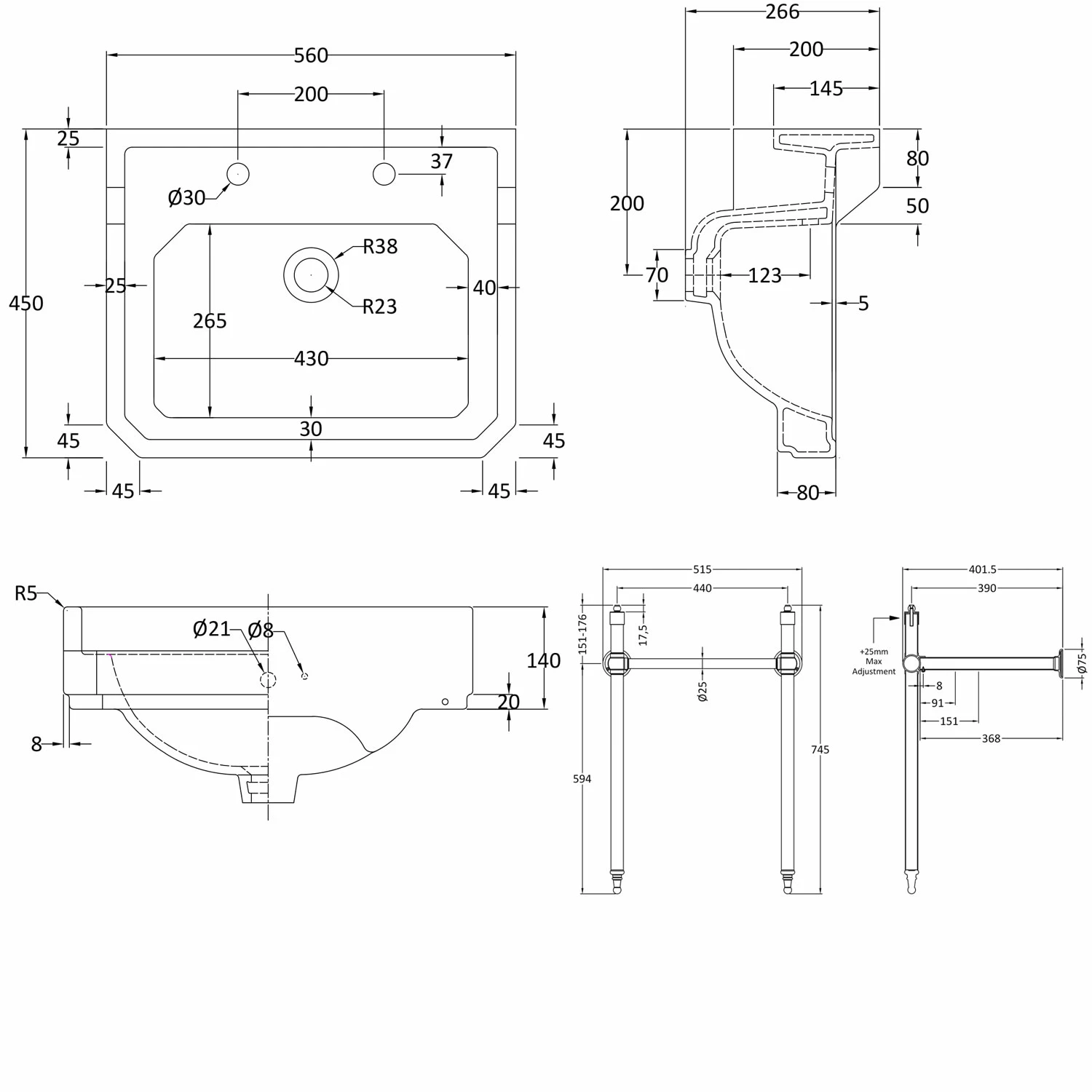 Nuie Carlton Basin With Washstand 560mm Wide - 2 Tap Hole 4 Nuie Carlton Basin With Washstand 560mm Wide - 2 Tap Hole - Image 2