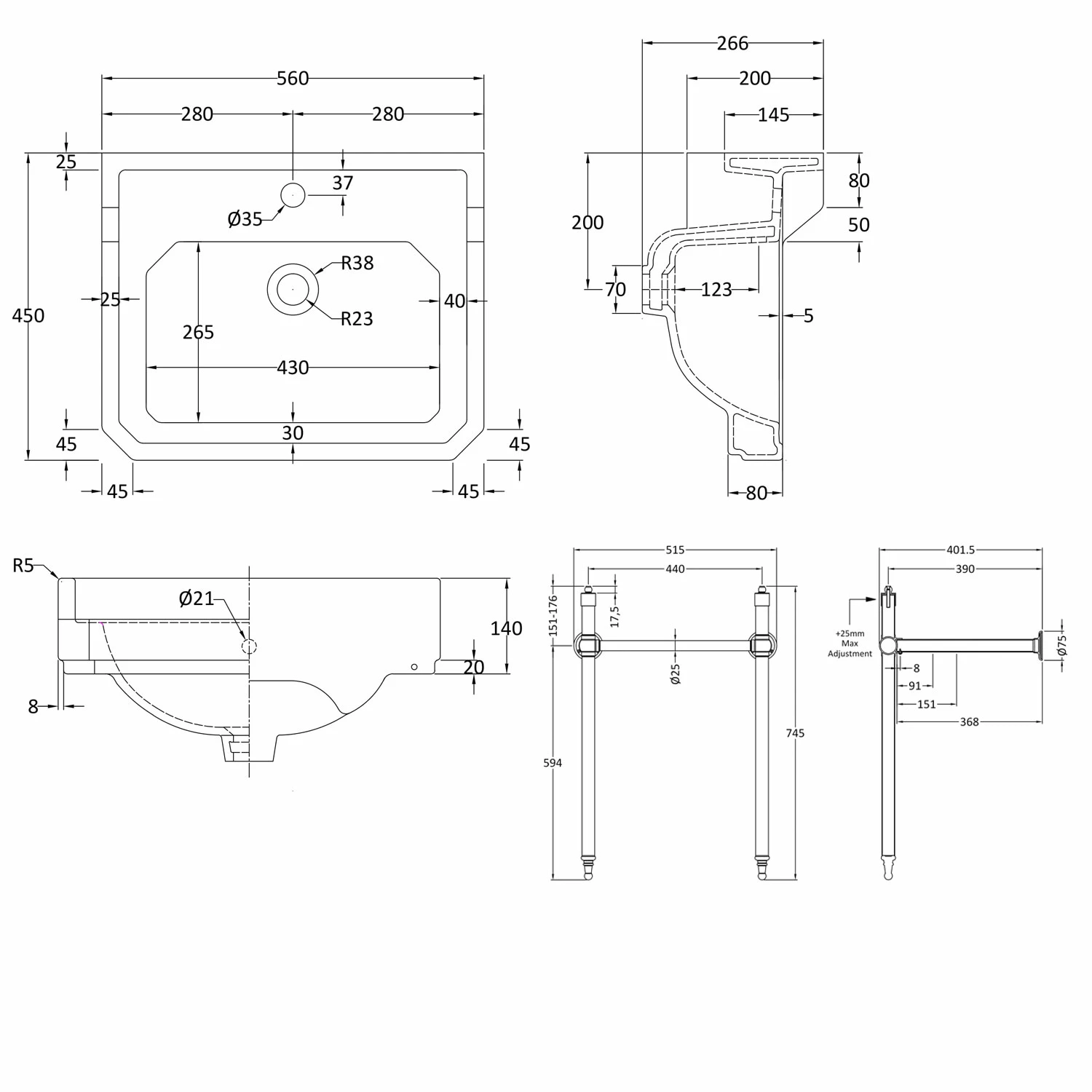 Nuie Carlton Basin With Washstand 560mm Wide - 1 Tap Hole 4 Nuie Carlton Basin With Washstand 560mm Wide - 1 Tap Hole - Image 2