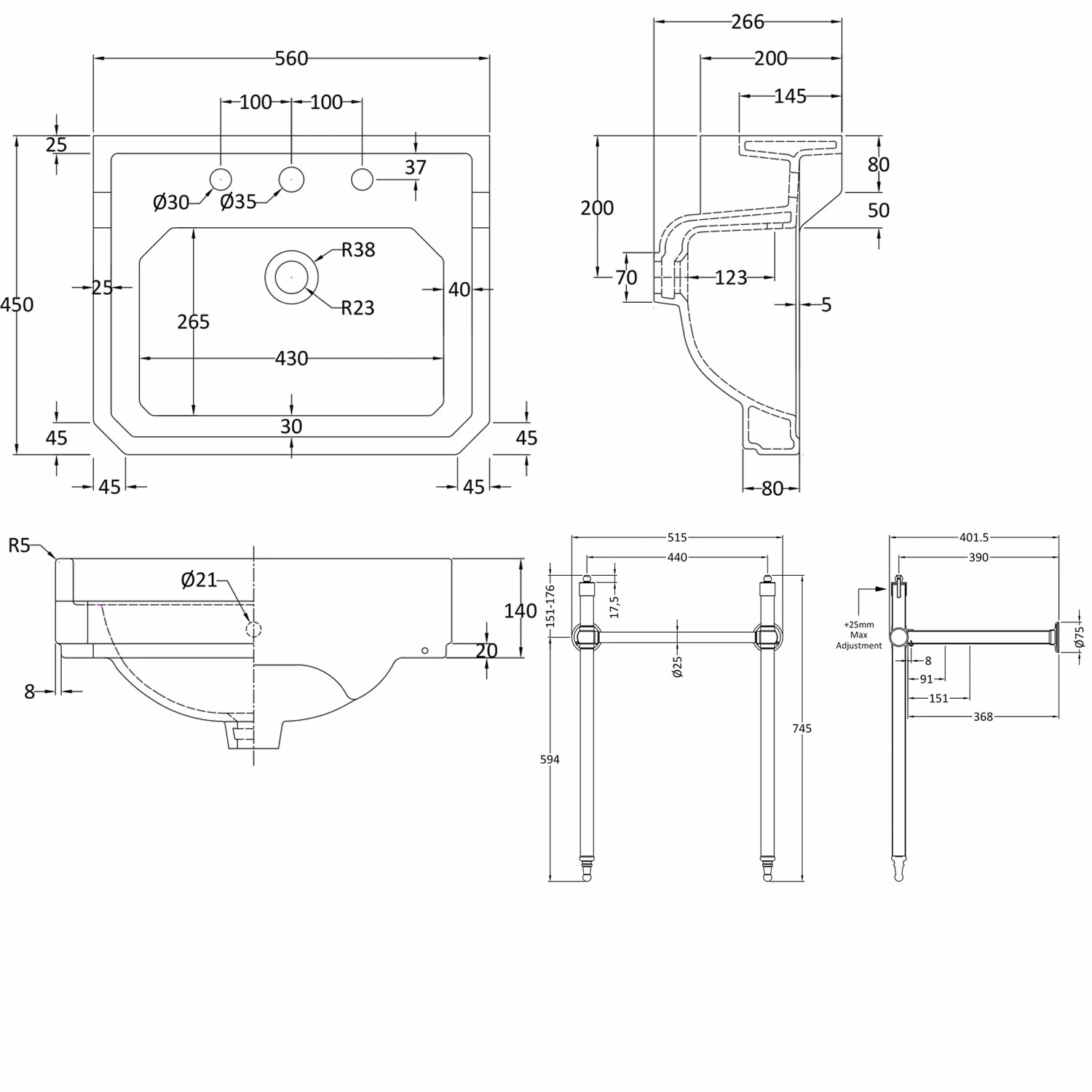 Nuie Carlton Basin With Washstand 560mm Wide - 3 Tap Hole 3 Nuie Carlton Basin With Washstand 560mm Wide - 3 Tap Hole