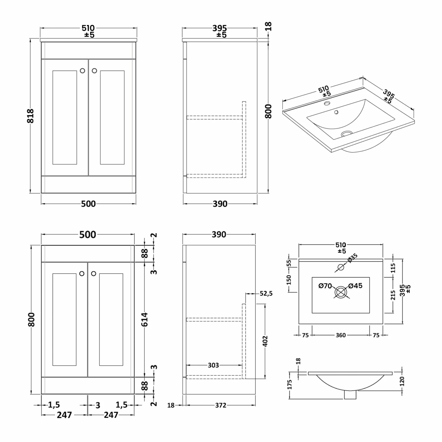 Nuie Classique Floor Standing 2-Door Vanity Unit With Basin-2 500mm Wide - Satin White 5 Nuie Classique Floor Standing 2-Door Vanity Unit With Basin-2 500mm Wide - Satin White - Image 3