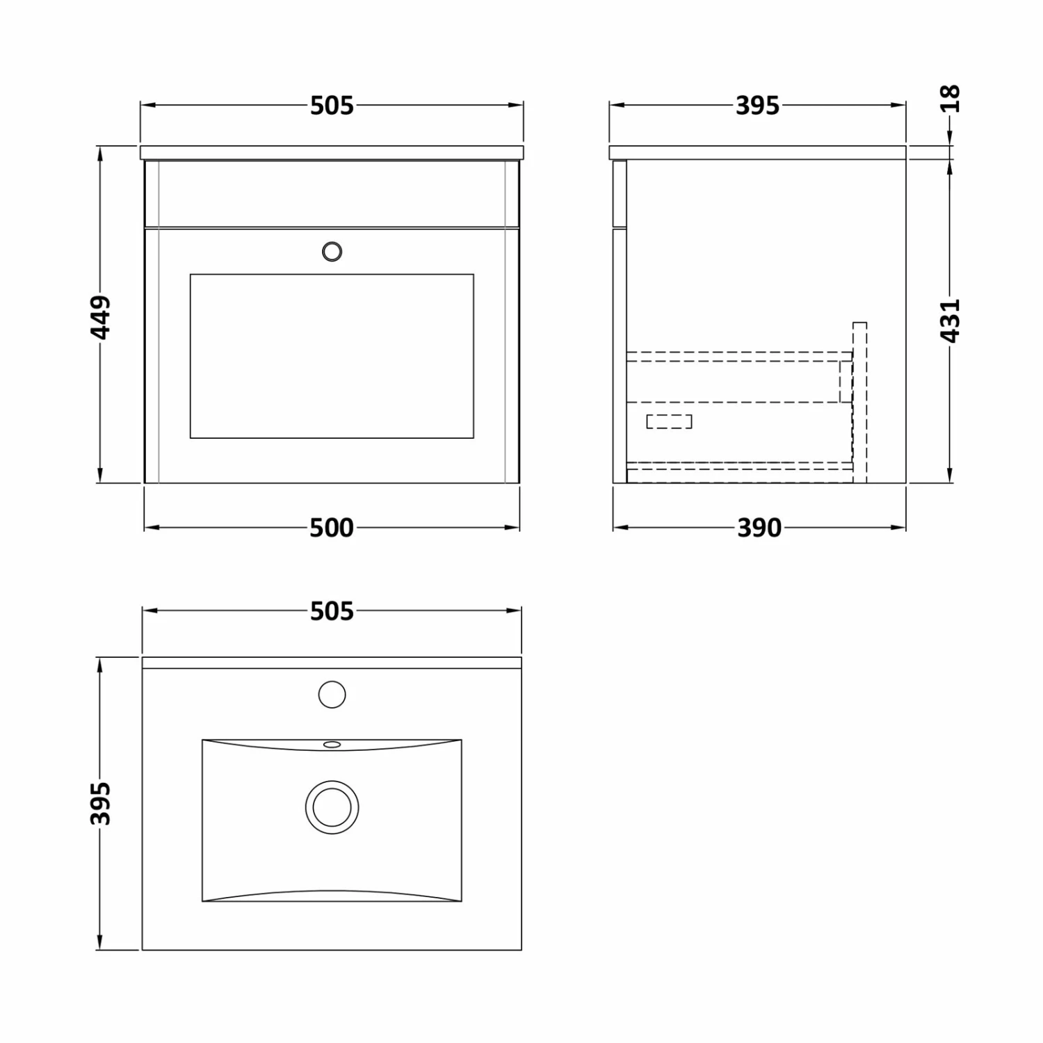 Nuie Classique Wall Hung 1-Drawer Vanity Unit With Basin-2 500mm Wide - Satin White 5 Nuie Classique Wall Hung 1-Drawer Vanity Unit With Basin-2 500mm Wide - Satin White - Image 3