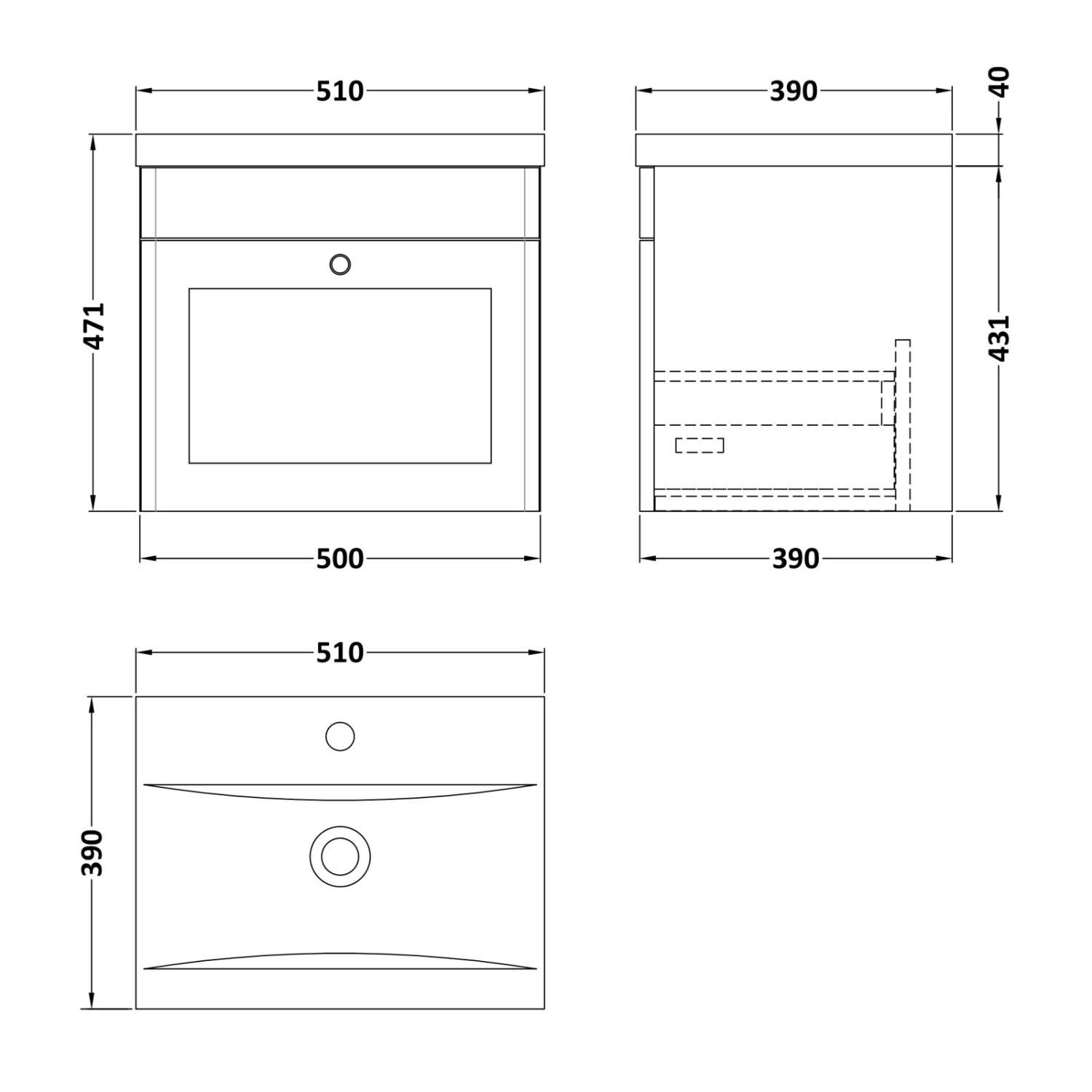 Nuie Classique Wall Hung 1-Drawer Vanity Unit With Basin-1 500mm Wide - Satin Grey 4 Nuie Classique Wall Hung 1-Drawer Vanity Unit With Basin-1 500mm Wide - Satin Grey - Image 2
