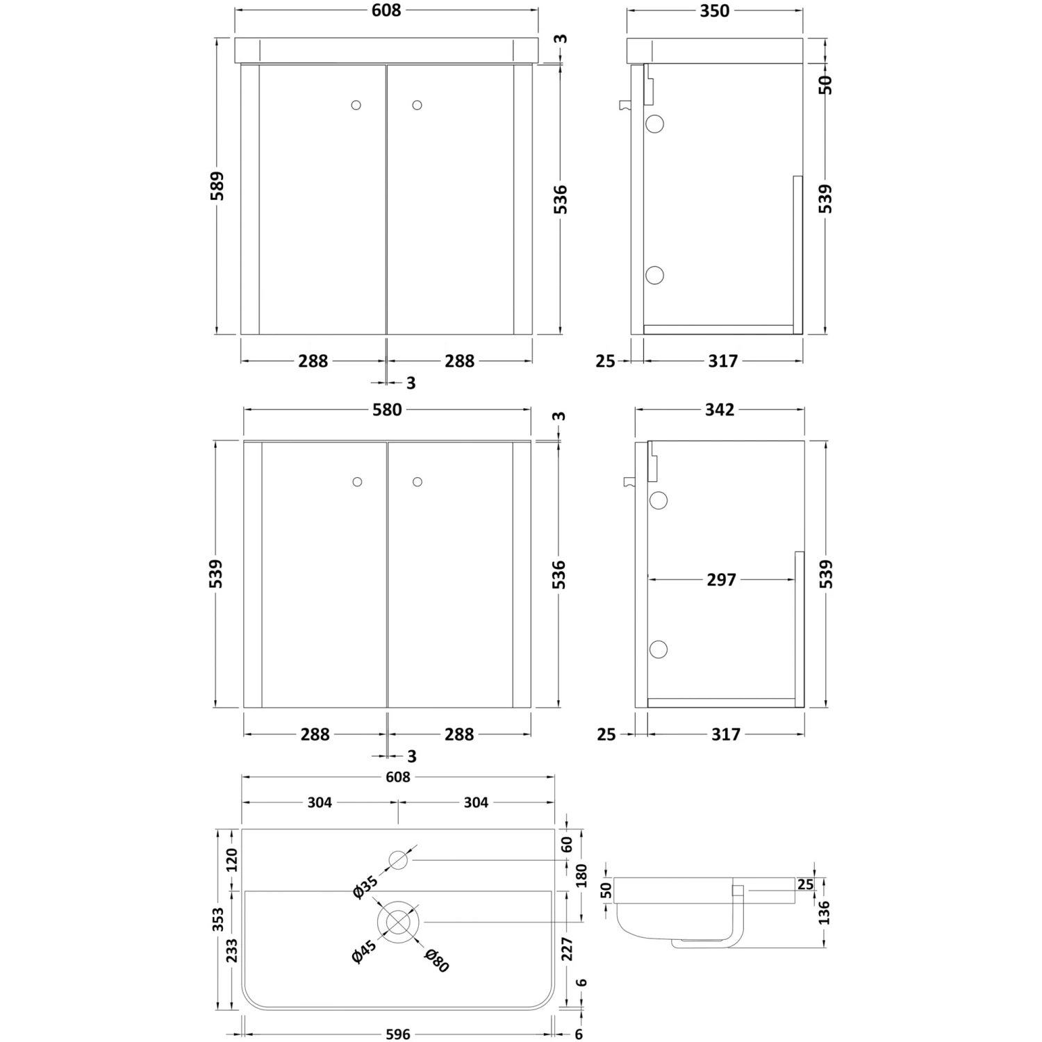 Nuie Core Wall Hung 2-Door Vanity Unit With Thin Edge Basin 600mm Wide - Gloss White 4 Nuie Core Wall Hung 2-Door Vanity Unit With Thin Edge Basin 600mm Wide - Gloss White - Image 2