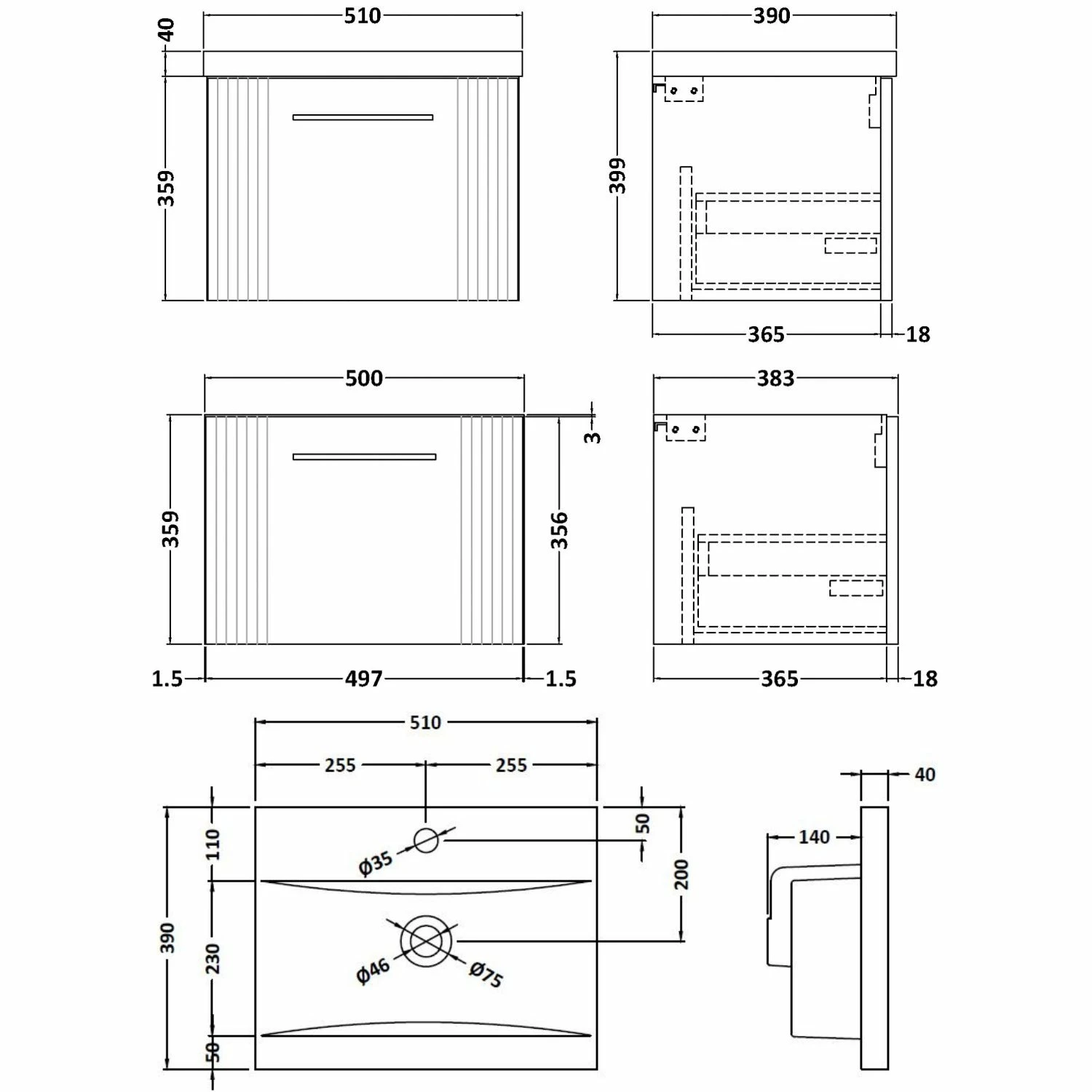 Nuie Deco Wall Hung 1-Drawer Vanity Unit With Basin-1 500mm Wide - Satin Grey 5 Nuie Deco Wall Hung 1-Drawer Vanity Unit With Basin-1 500mm Wide - Satin Grey - Image 3