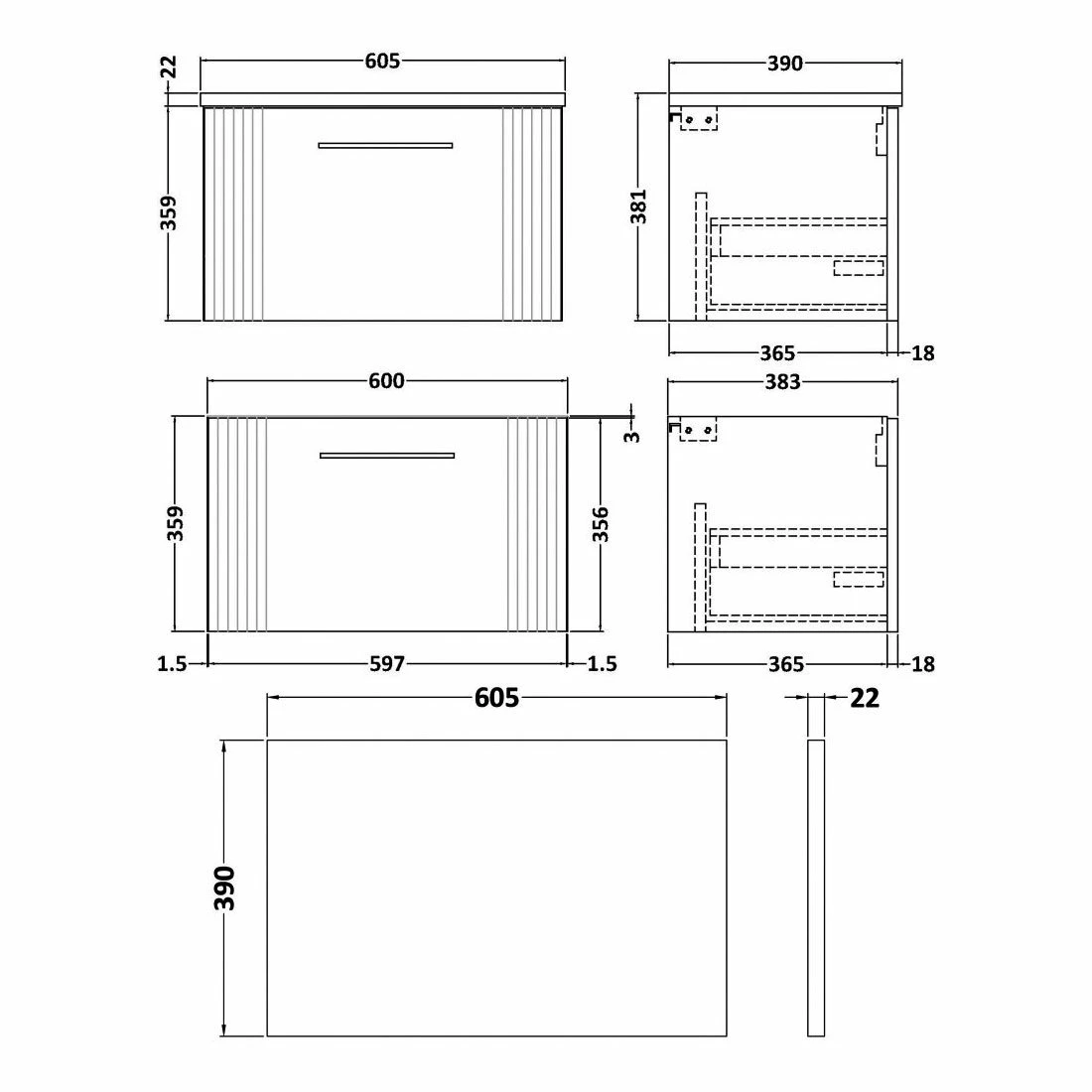 Nuie Deco Wall Hung 1-Drawer Vanity Unit With Bellato Grey Worktop 600mm Wide - Satin Reed Green 11 Nuie Deco Wall Hung 1-Drawer Vanity Unit With Bellato Grey Worktop 600mm Wide - Satin Reed Green - Image 9