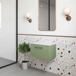 Nuie Deco Wall Hung 1-Drawer Vanity Unit With Bellato Grey Worktop 600mm Wide - Satin Reed Green