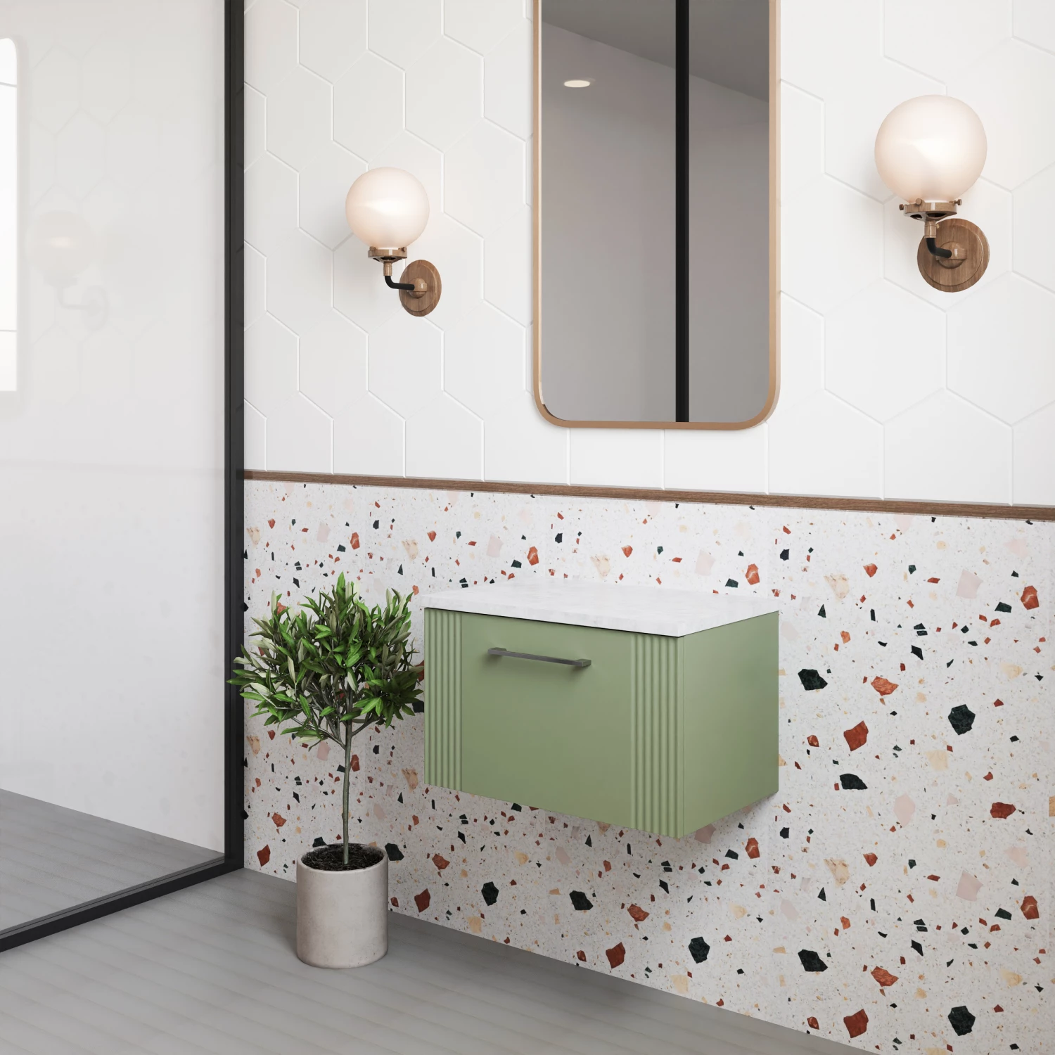 Nuie Deco Wall Hung 1-Drawer Vanity Unit With Bellato Grey Worktop 600mm Wide - Satin Reed Green 3 Nuie Deco Wall Hung 1-Drawer Vanity Unit With Bellato Grey Worktop 600mm Wide - Satin Reed Green