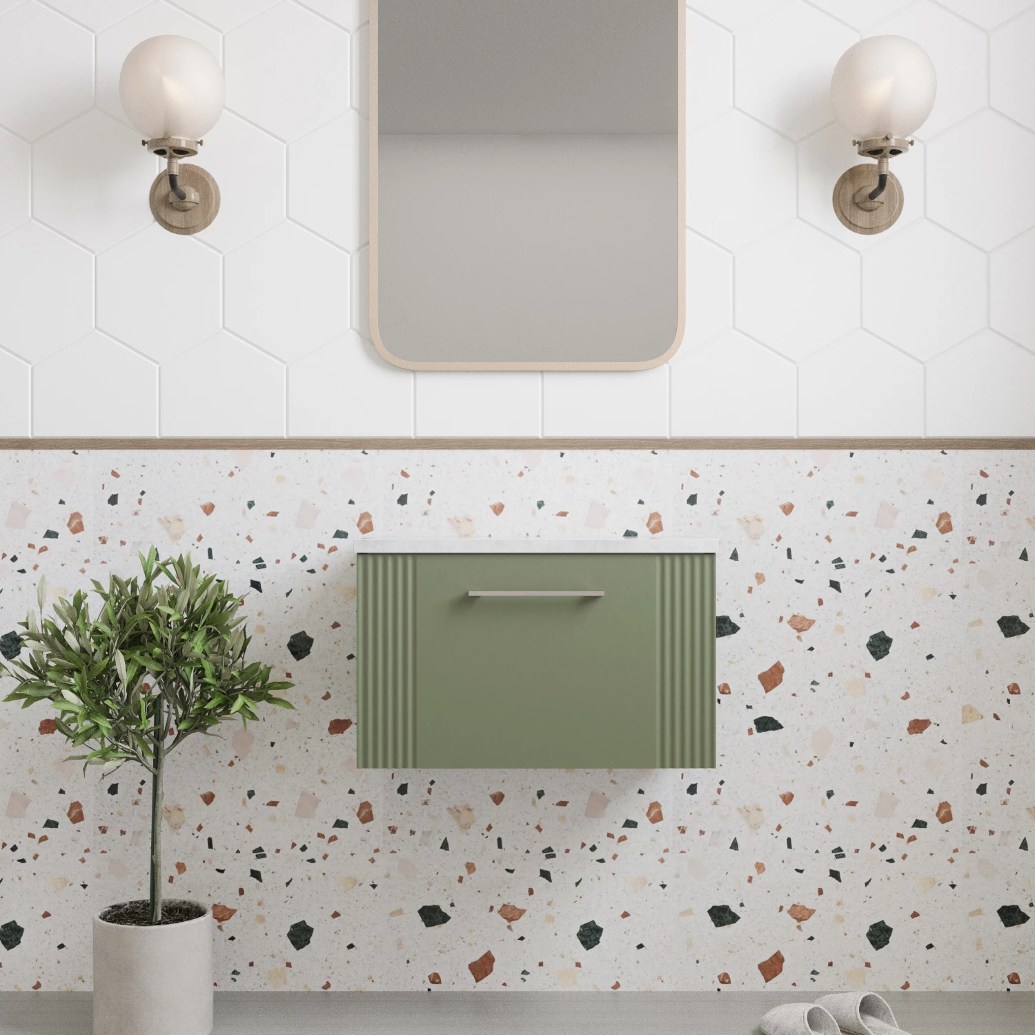 Nuie Deco Wall Hung 1-Drawer Vanity Unit With Bellato Grey Worktop 600mm Wide - Satin Reed Green 6 Nuie Deco Wall Hung 1-Drawer Vanity Unit With Bellato Grey Worktop 600mm Wide - Satin Reed Green - Image 4