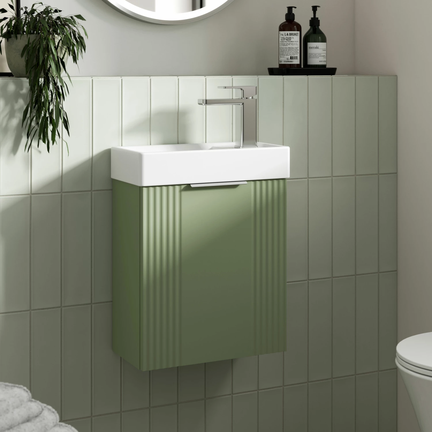 Nuie Deco Compact Wall Hung 1-Door Vanity Unit With Basin 400mm Wide - Satin Green 3 Nuie Deco Compact Wall Hung 1-Door Vanity Unit With Basin 400mm Wide - Satin Green