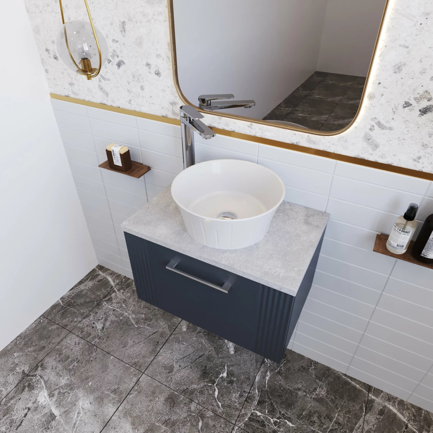 Nuie Deco Wall Hung 1-Drawer Vanity Unit With Bellato Grey Worktop 600mm Wide - Satin Reed Green 8 Nuie Deco Wall Hung 1-Drawer Vanity Unit With Bellato Grey Worktop 600mm Wide - Satin Reed Green - Image 6