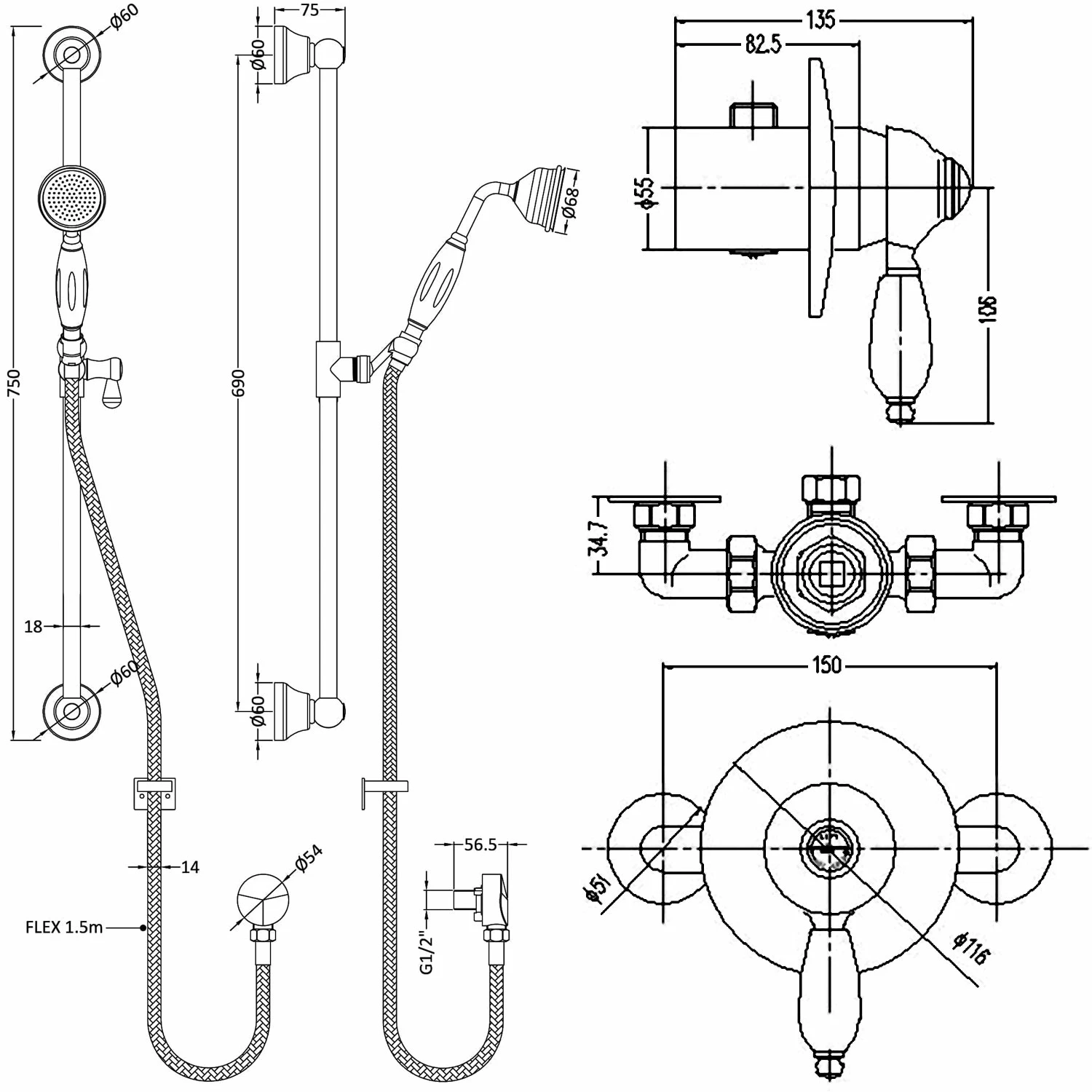 Nuie Edwardian Round Manual Concealed Shower Valve With Slider Rail Kit - Chrome 3 Nuie Edwardian Round Manual Concealed Shower Valve With Slider Rail Kit - Chrome