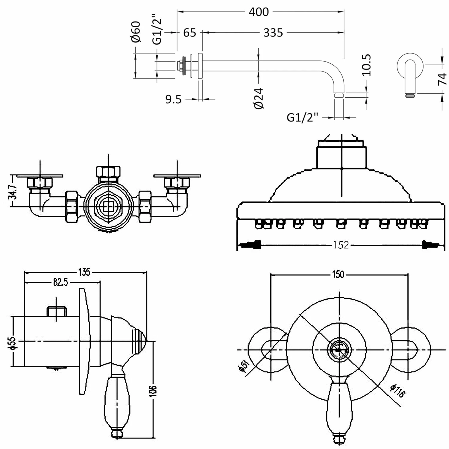 Nuie Edwardian Round Manual Concealed Shower Valve With Fixed Head And Arm - Chrome 3 Nuie Edwardian Round Manual Concealed Shower Valve With Fixed Head And Arm - Chrome
