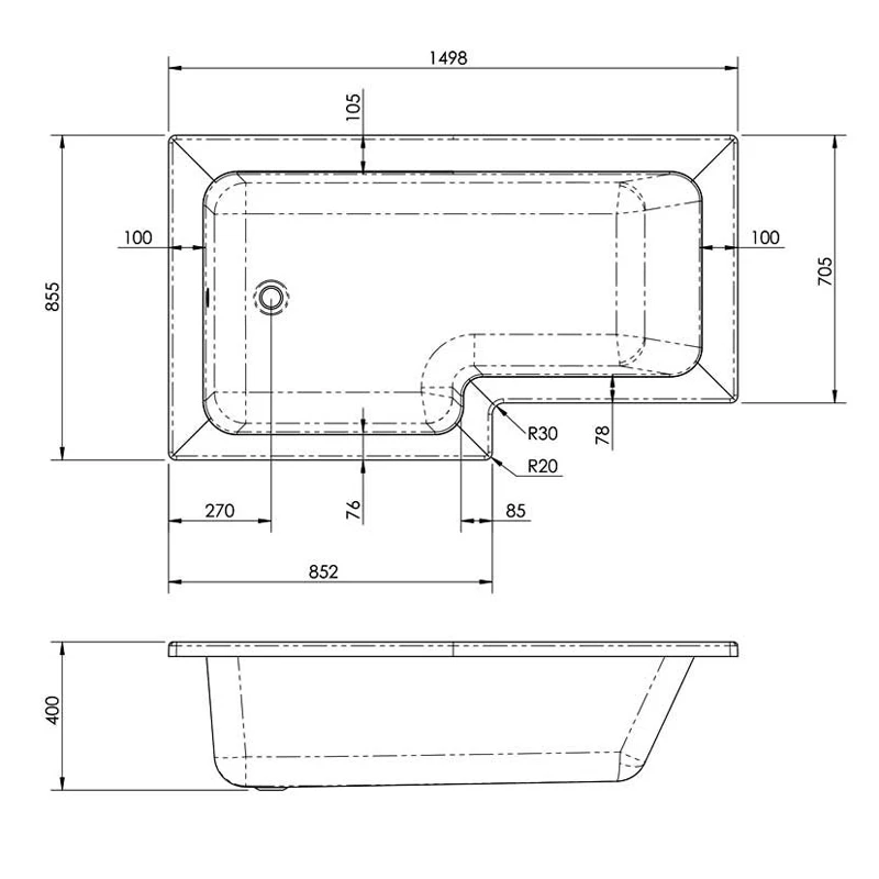 Nuie Square L-Shaped Shower Bath 1500mm X 700mm/850mm - Right Handed 5 Nuie Square L-Shaped Shower Bath 1500mm X 700mm/850mm - Right Handed - Image 3