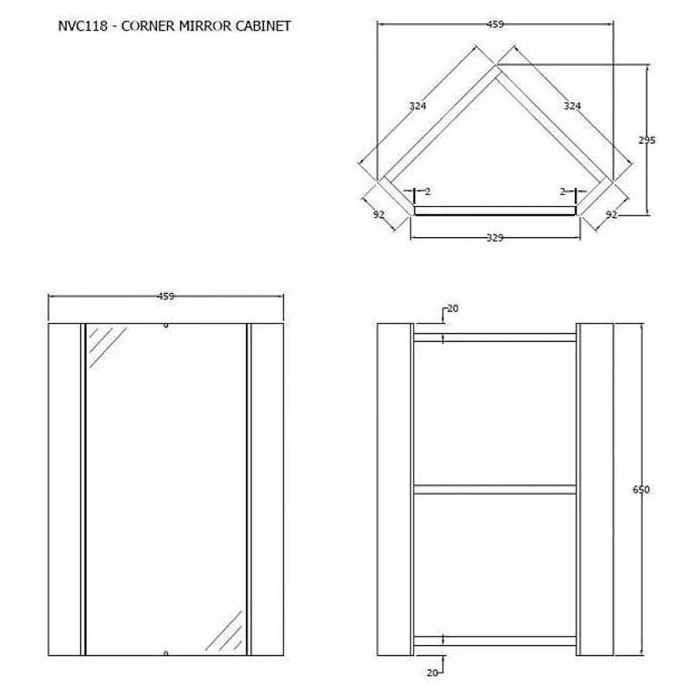Nuie Mayford Corner Mirrored Bathroom Cabinet 650mm H X 459mm W - White 3 Nuie Mayford Corner Mirrored Bathroom Cabinet 650mm H X 459mm W - White