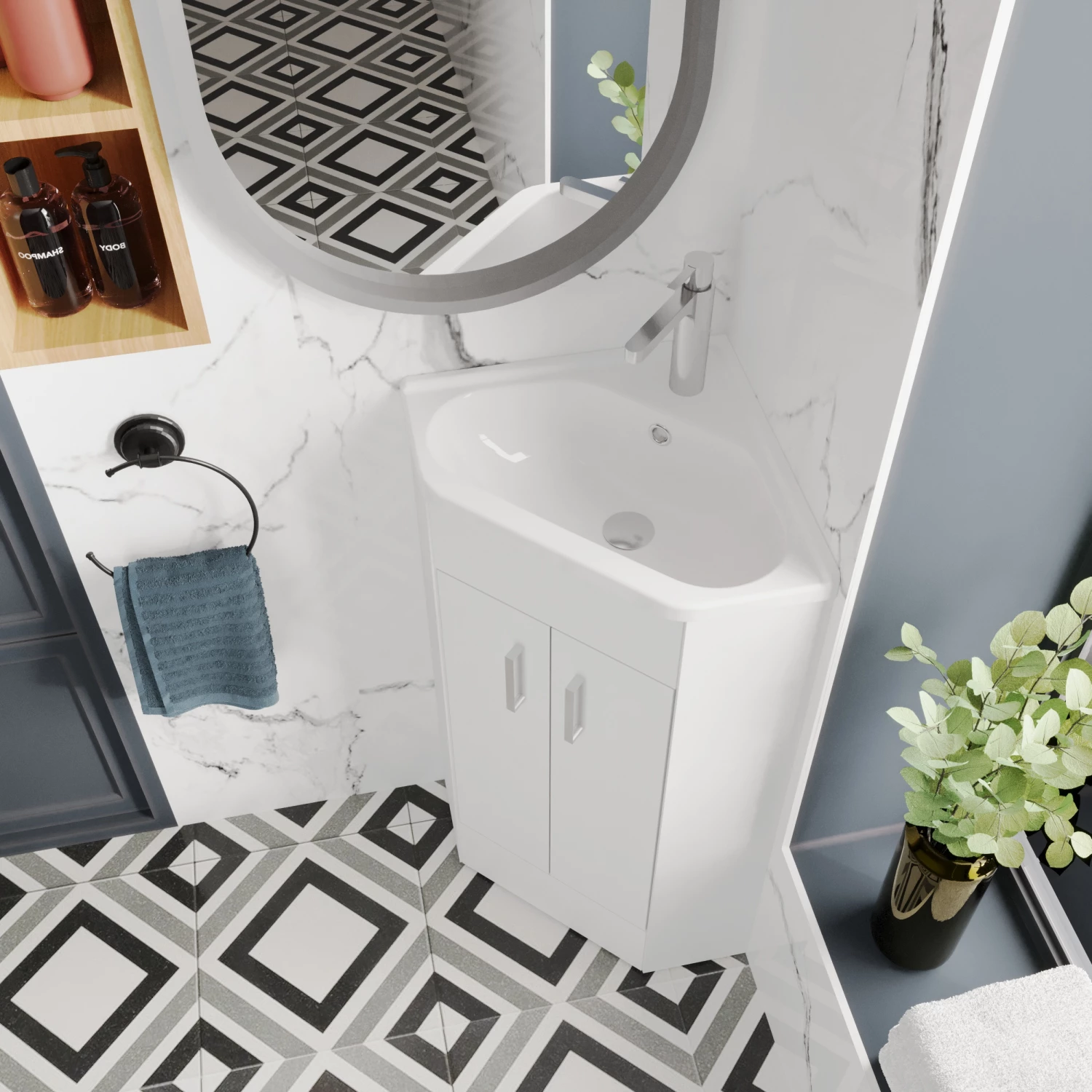 Nuie Mayford Floor Standing Corner 2-Door Vanity Unit With Basin 550mm Wide - Gloss White 4 Nuie Mayford Floor Standing Corner 2-Door Vanity Unit With Basin 550mm Wide - Gloss White - Image 2