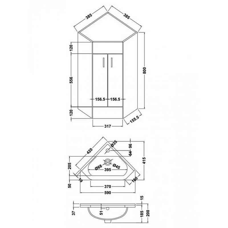 Nuie Mayford Floor Standing Corner 2-Door Vanity Unit With Basin 550mm Wide - Gloss White 7 Nuie Mayford Floor Standing Corner 2-Door Vanity Unit With Basin 550mm Wide - Gloss White - Image 5