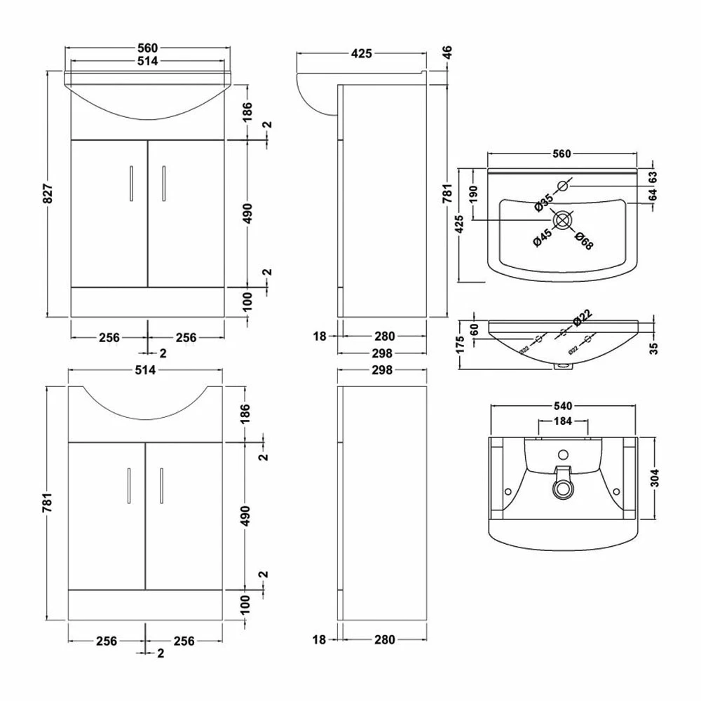 Nuie Mayford Floor Standing 2-Door Vanity Unit With Square Basin 550mm Wide - White 7 Nuie Mayford Floor Standing 2-Door Vanity Unit With Square Basin 550mm Wide - White - Image 5