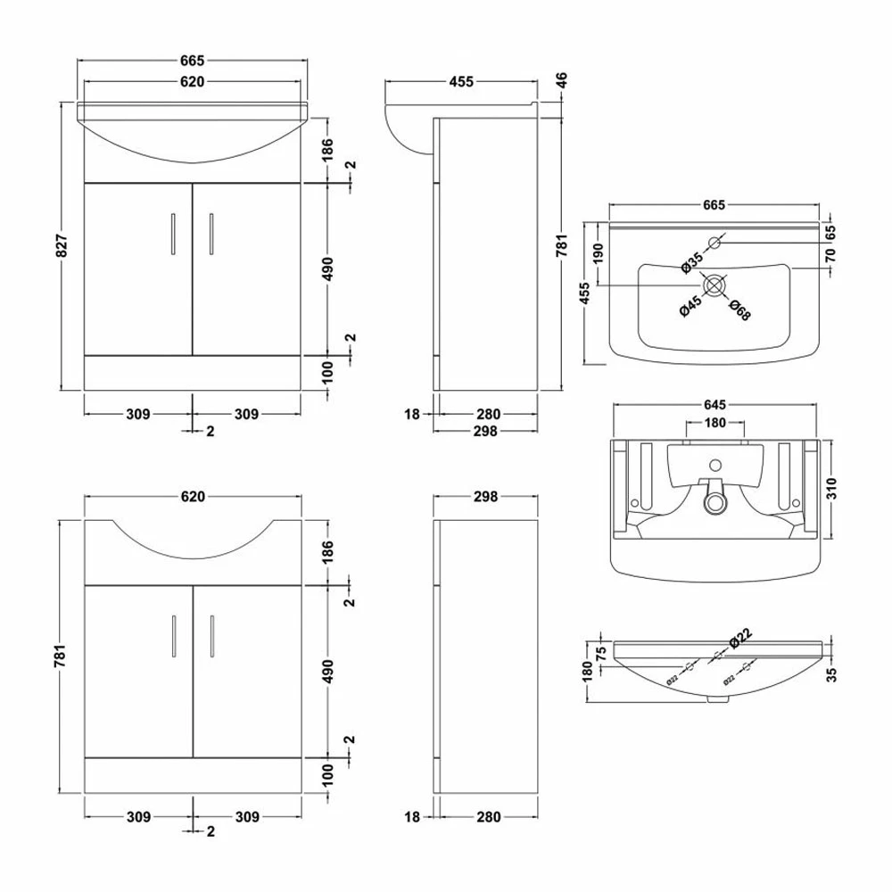 Nuie Mayford Floor Standing 2-Door Vanity Unit With Square Basin 650mm Wide - White 7 Nuie Mayford Floor Standing 2-Door Vanity Unit With Square Basin 650mm Wide - White - Image 5